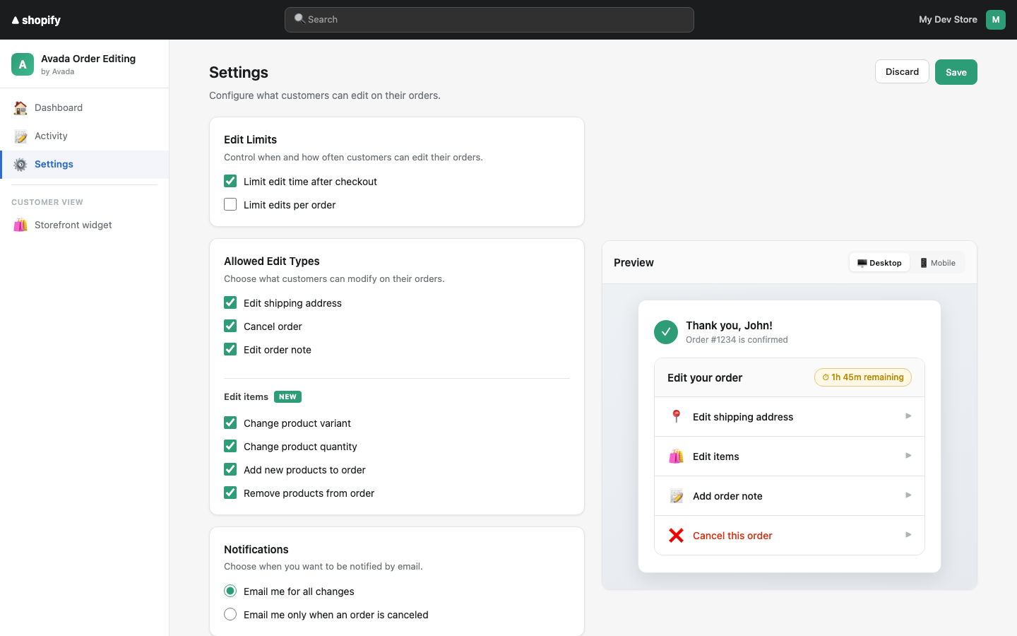 Settings page with the live Preview panel on the right