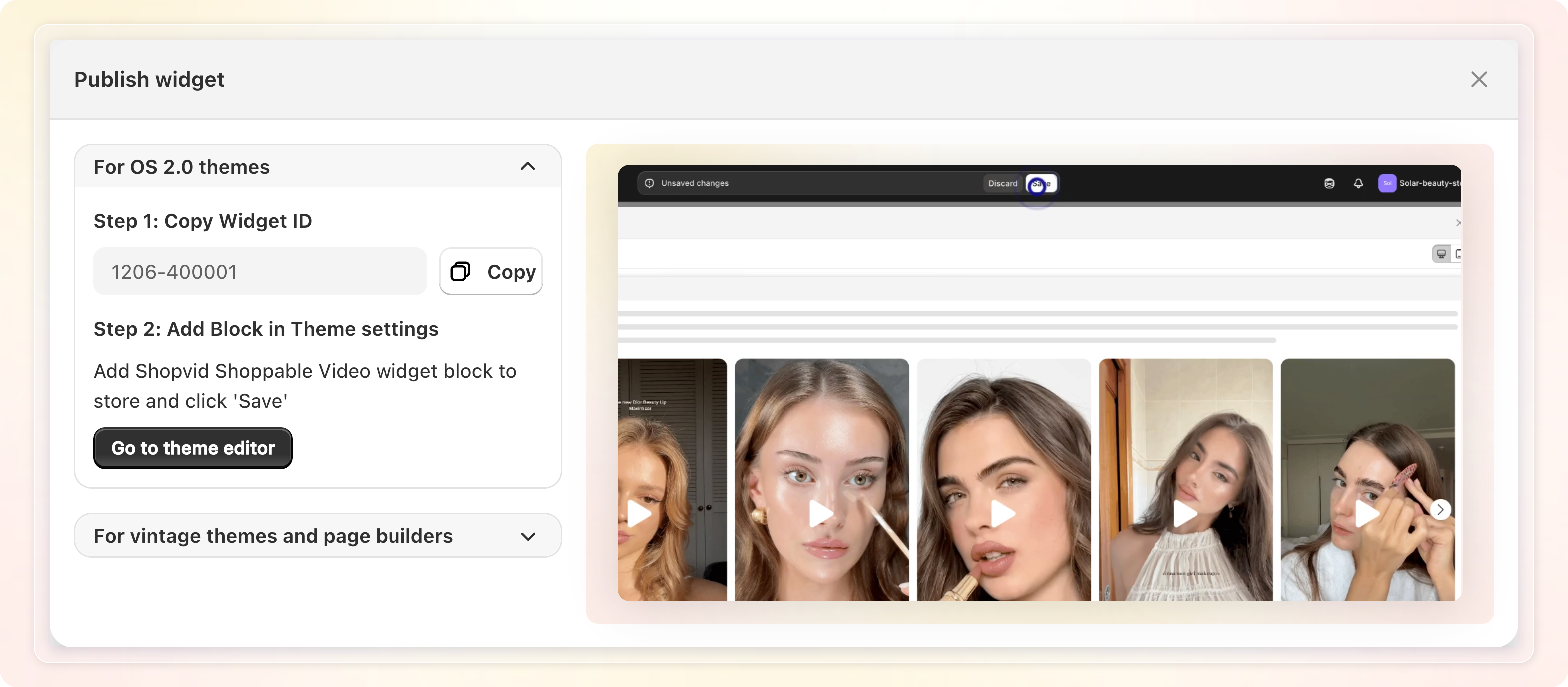 Publish widget modal, showing the OS 2.0 theme steps and the theme editor preview