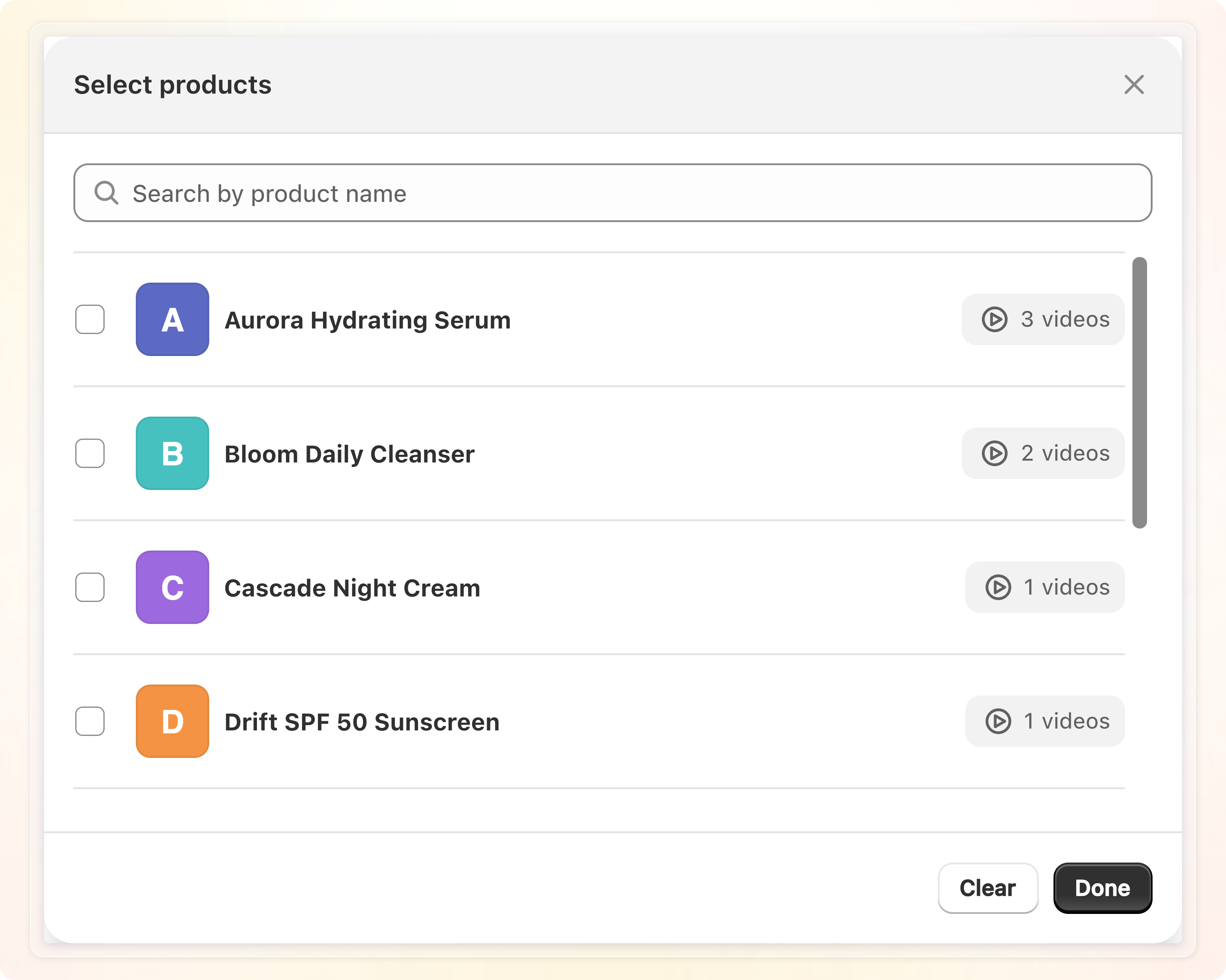 Select products modal: search field, product checklist with attached video counts, and Clear/Done buttons