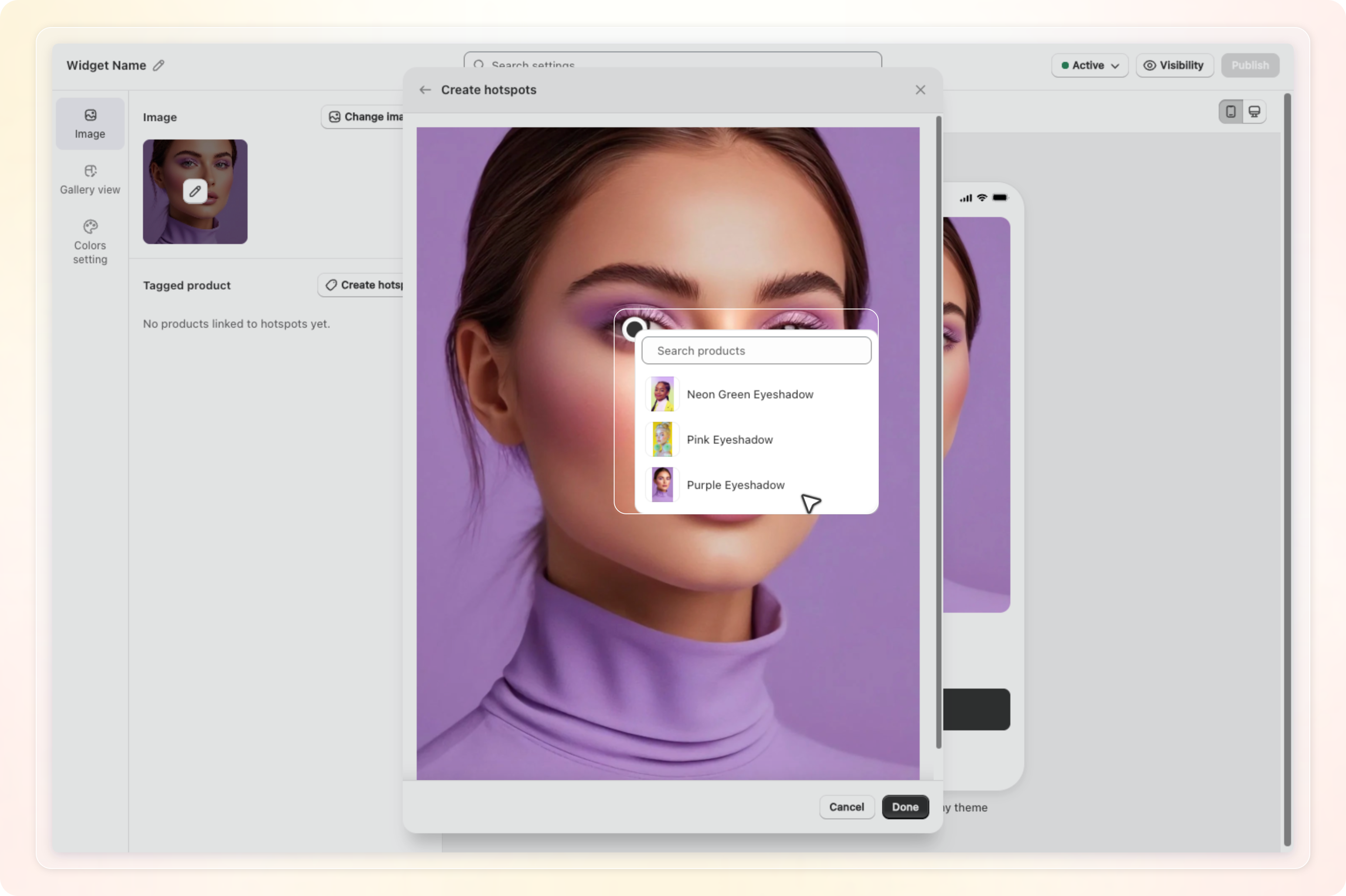 Create hotspots window with a dot on the photo and the Search products list open