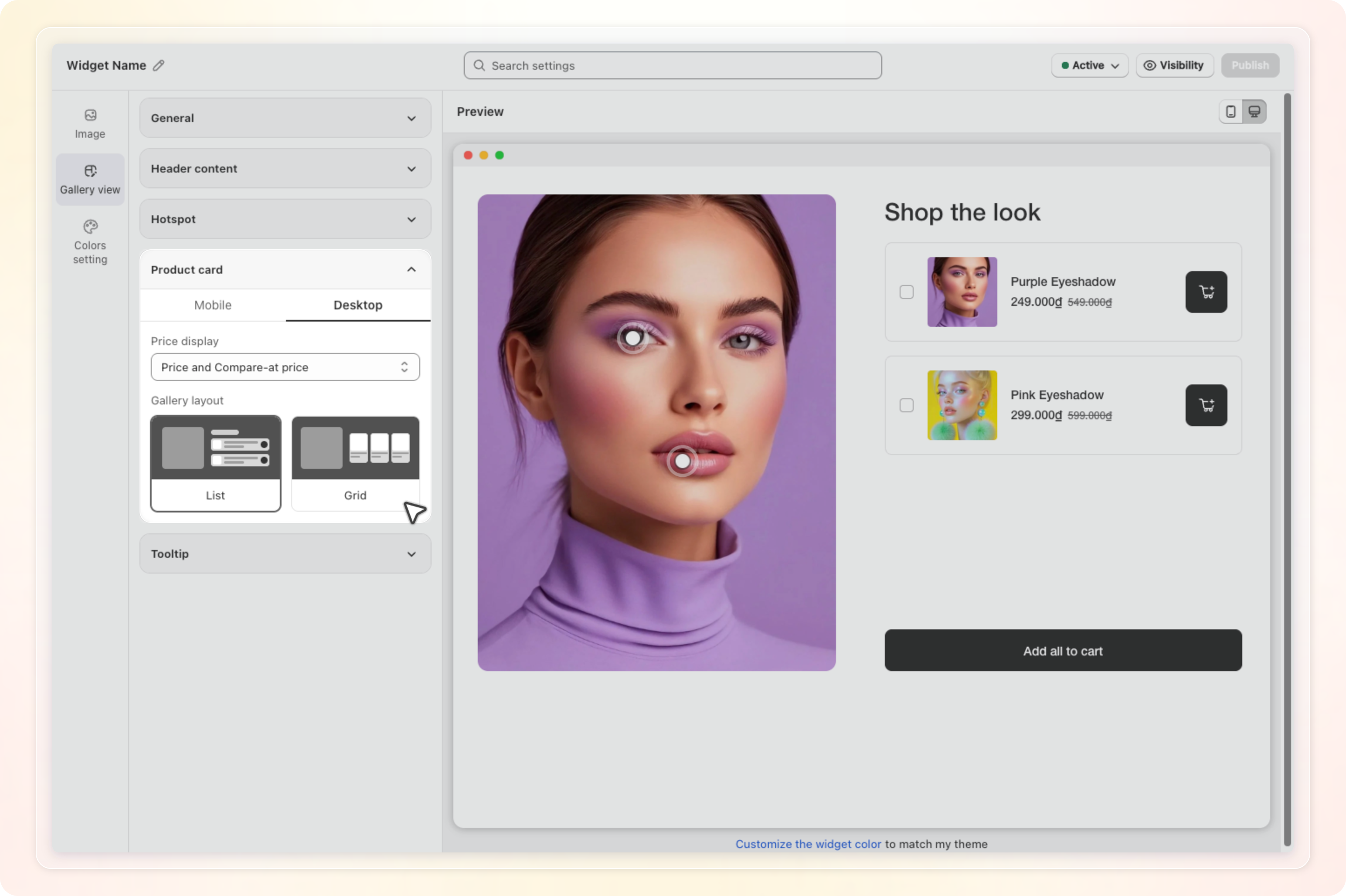 Gallery view tab with the Product card group open on the Desktop tab, next to the desktop preview