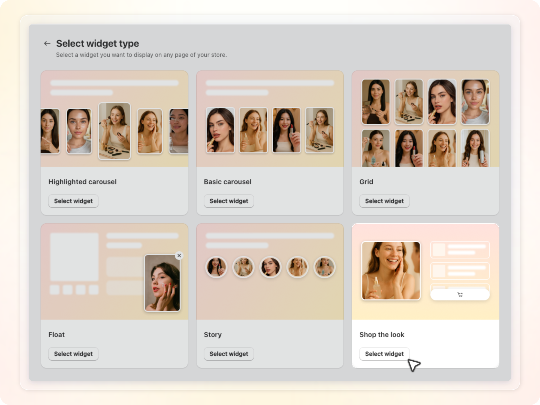 Select widget type page with the Shop the look card and its Select widget button
