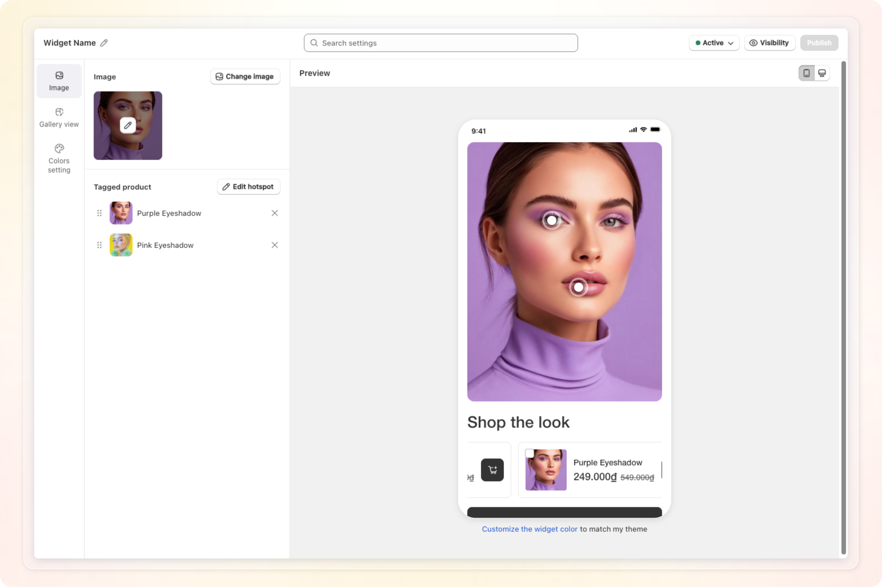 Shop the look widget in the Shopvid editor with two hotspots on the photo and the tagged products listed