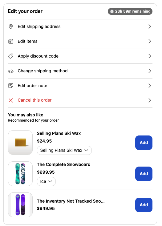The Add to your order block inside the Edit your order widget on the Thank you page, showing three recommended products with a discounted price and an Add button on each