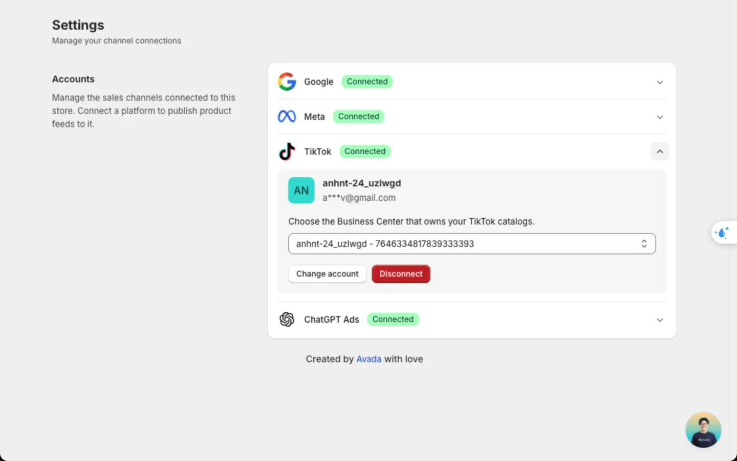 Settings page with the TikTok row open, showing the connected account, the Business Center picker, and the Change account and Disconnect buttons