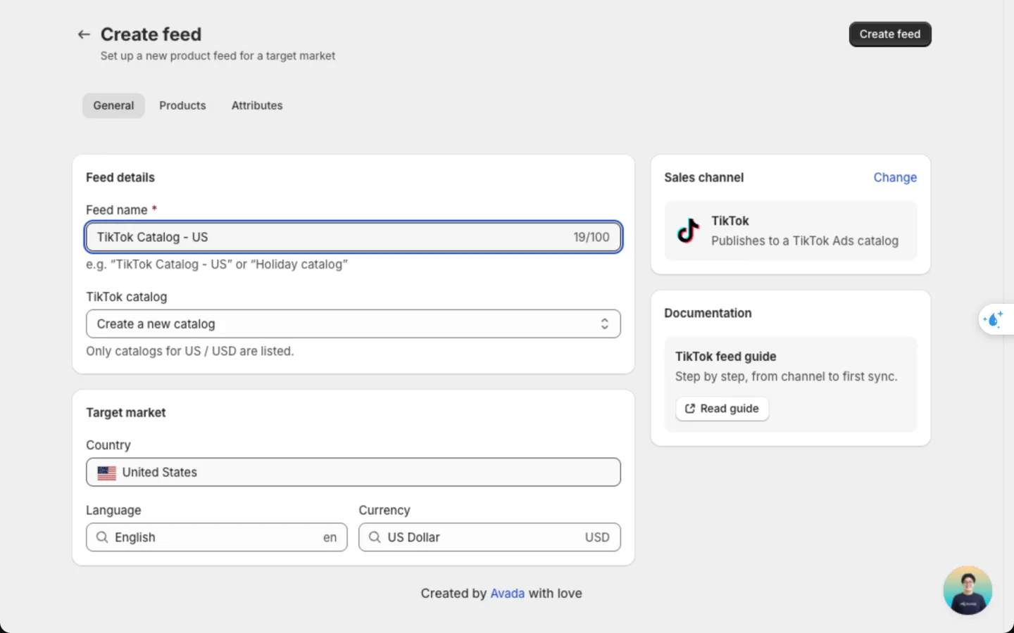 Create feed form for TikTok with the feed name, the TikTok catalog picker set to Create a new catalog, and the target market