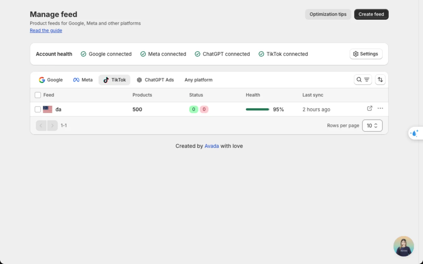 Manage feed list on the TikTok tab with one TikTok feed, its product count and its approved and rejected counts