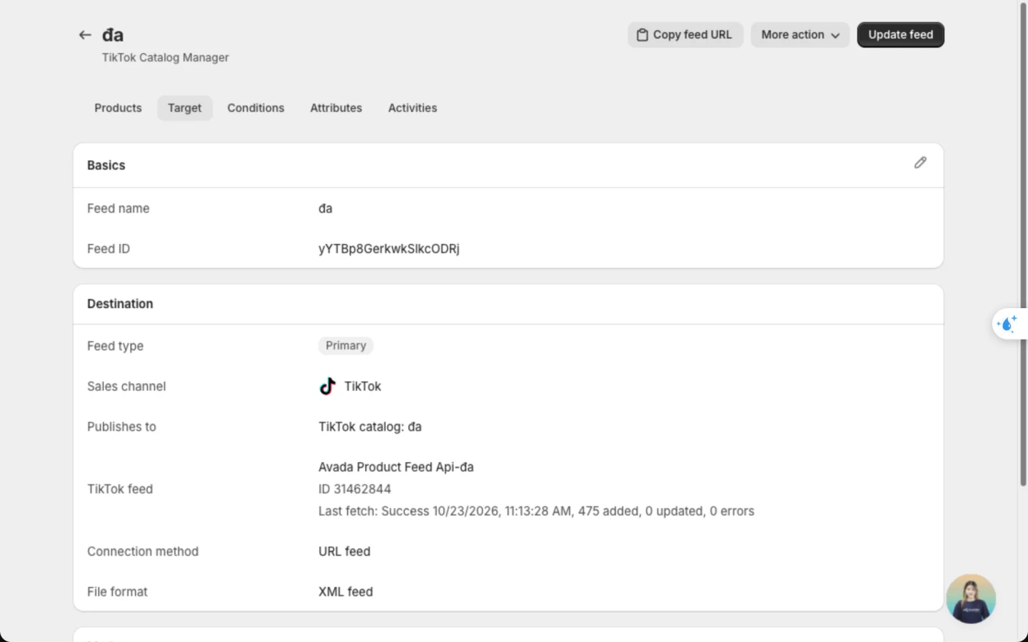 Target tab of a TikTok feed with the TikTok feed row showing the last fetch: 475 added, 0 updated, 0 errors