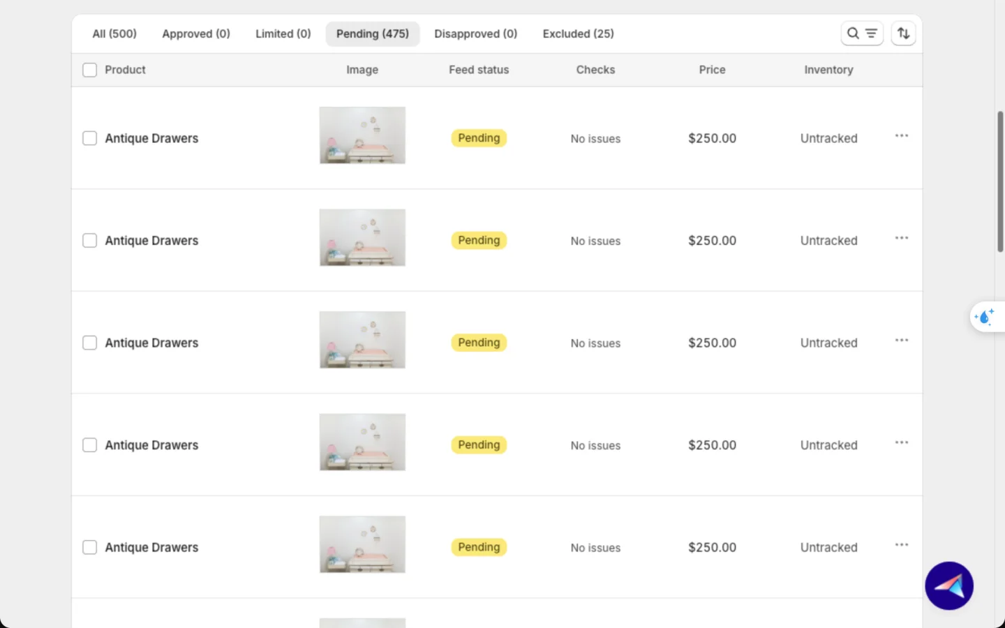 Products tab of a TikTok feed with the Pending tab selected, listing products TikTok is still reviewing