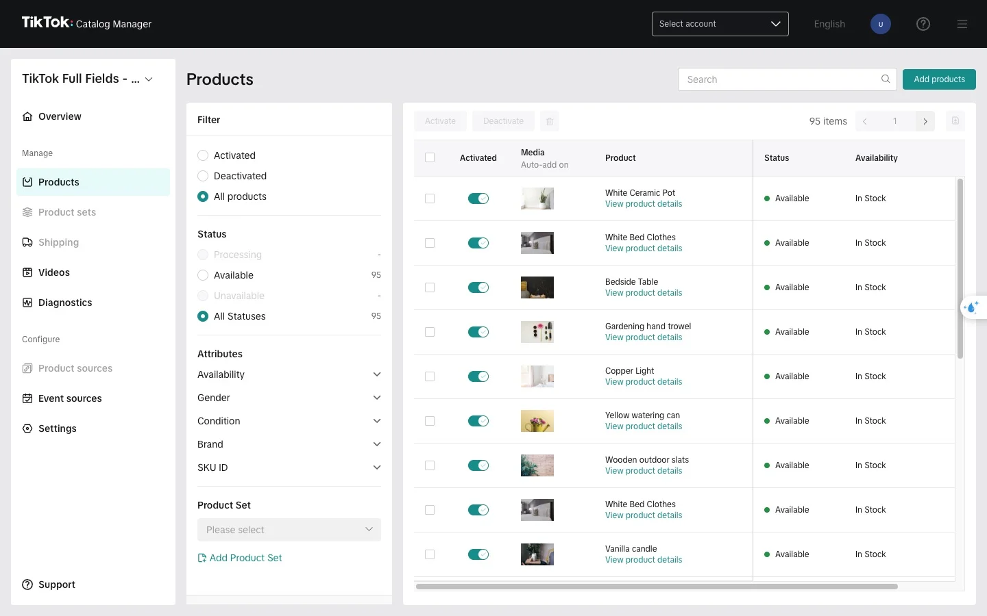 TikTok Catalog Manager showing the feed's 95 products as Available