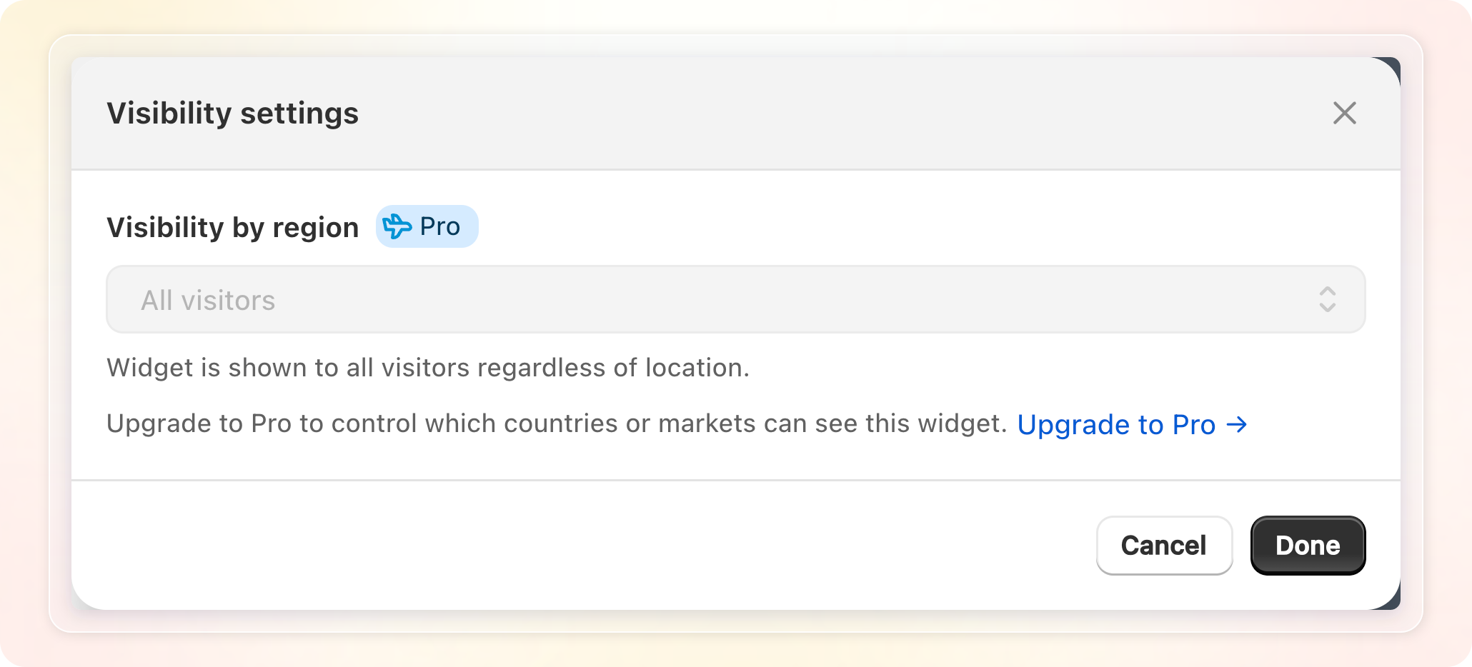 Visibility settings modal, showing the Visibility by region picker locked behind Pro