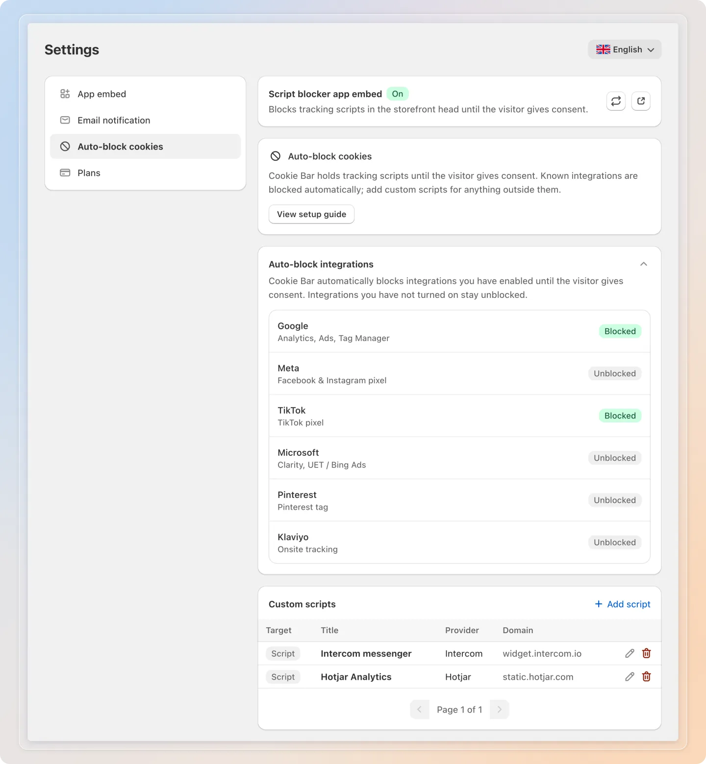 Auto-block cookies page