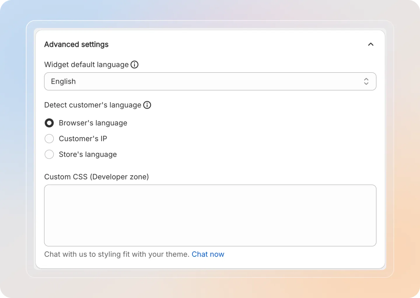 Advanced settings with language and custom CSS options
