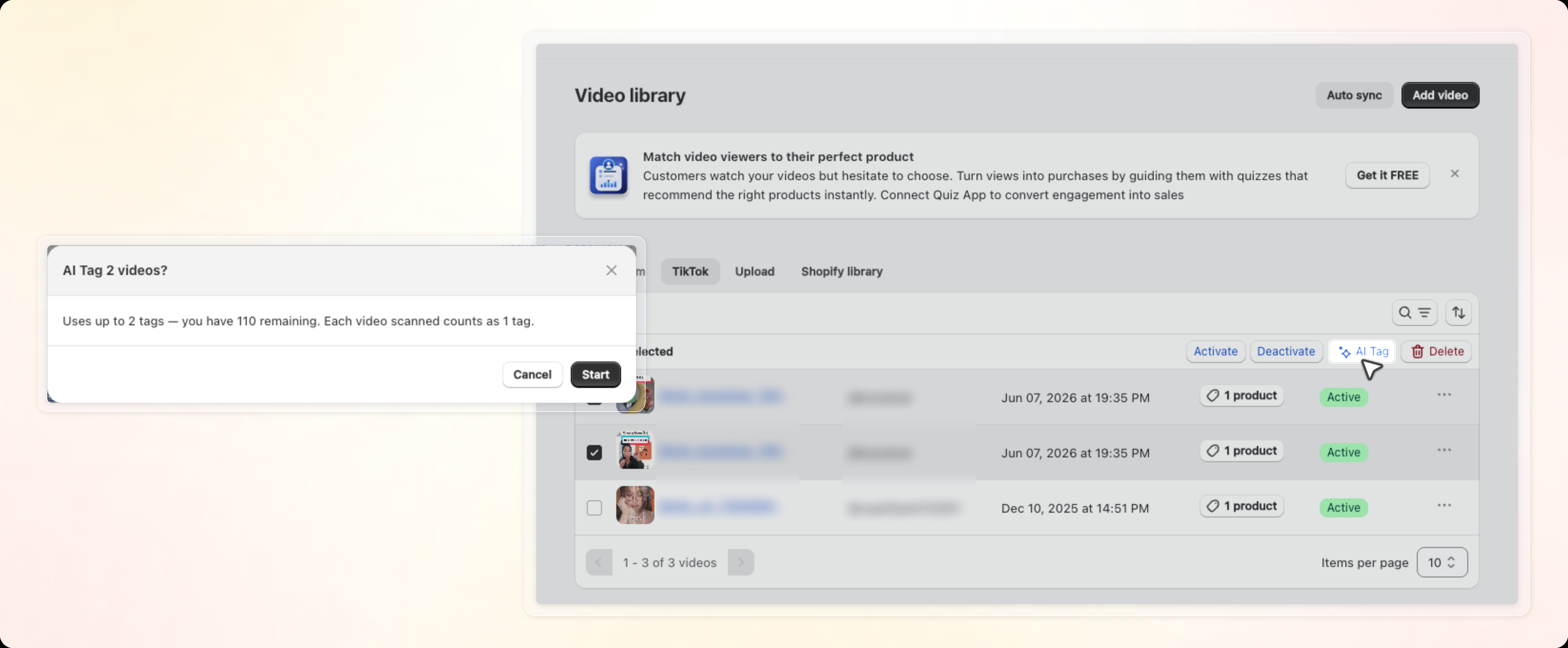 The AI Tag confirmation modal for a bulk run