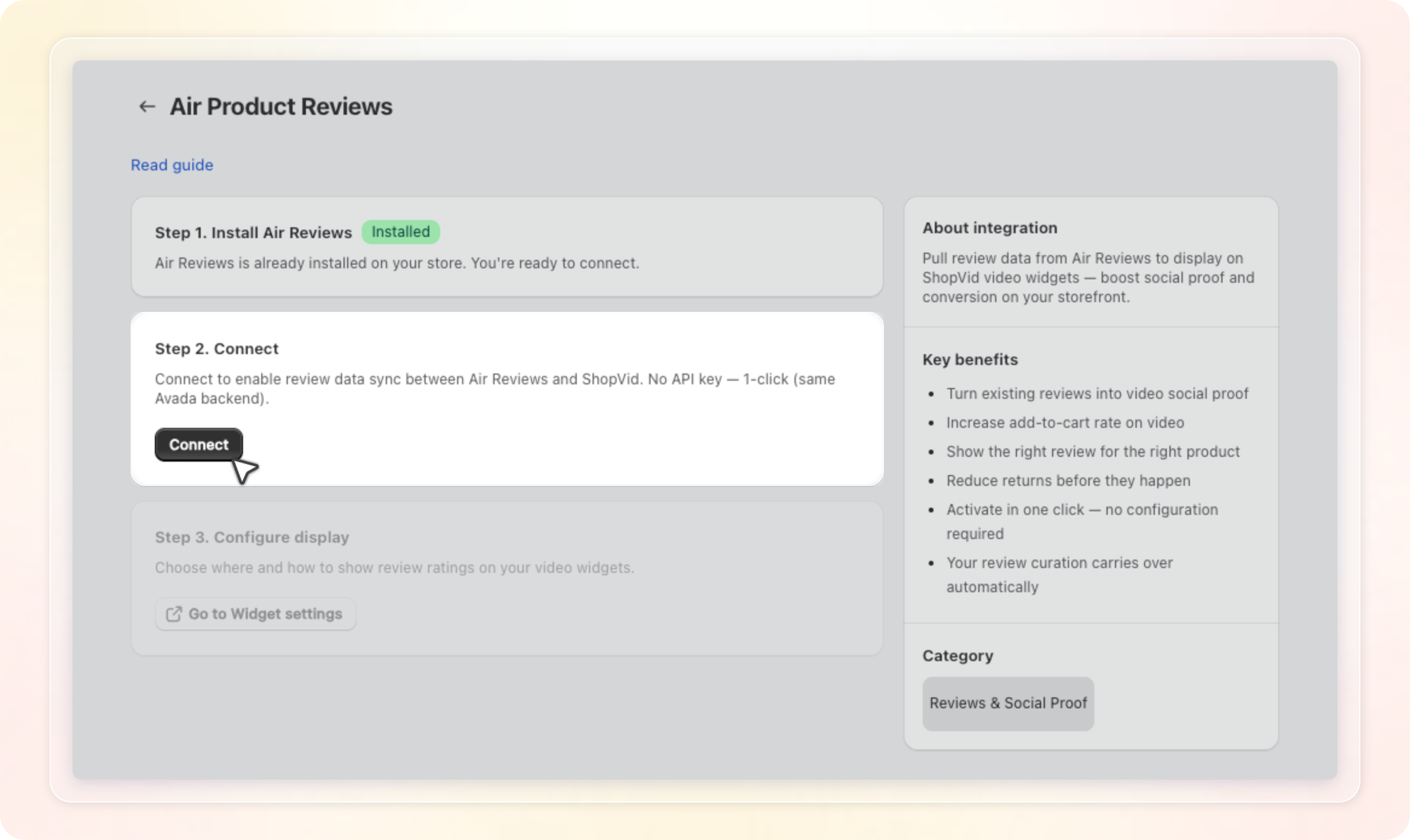 Air Product Reviews page with Step 1 installed and the Connect button in Step 2