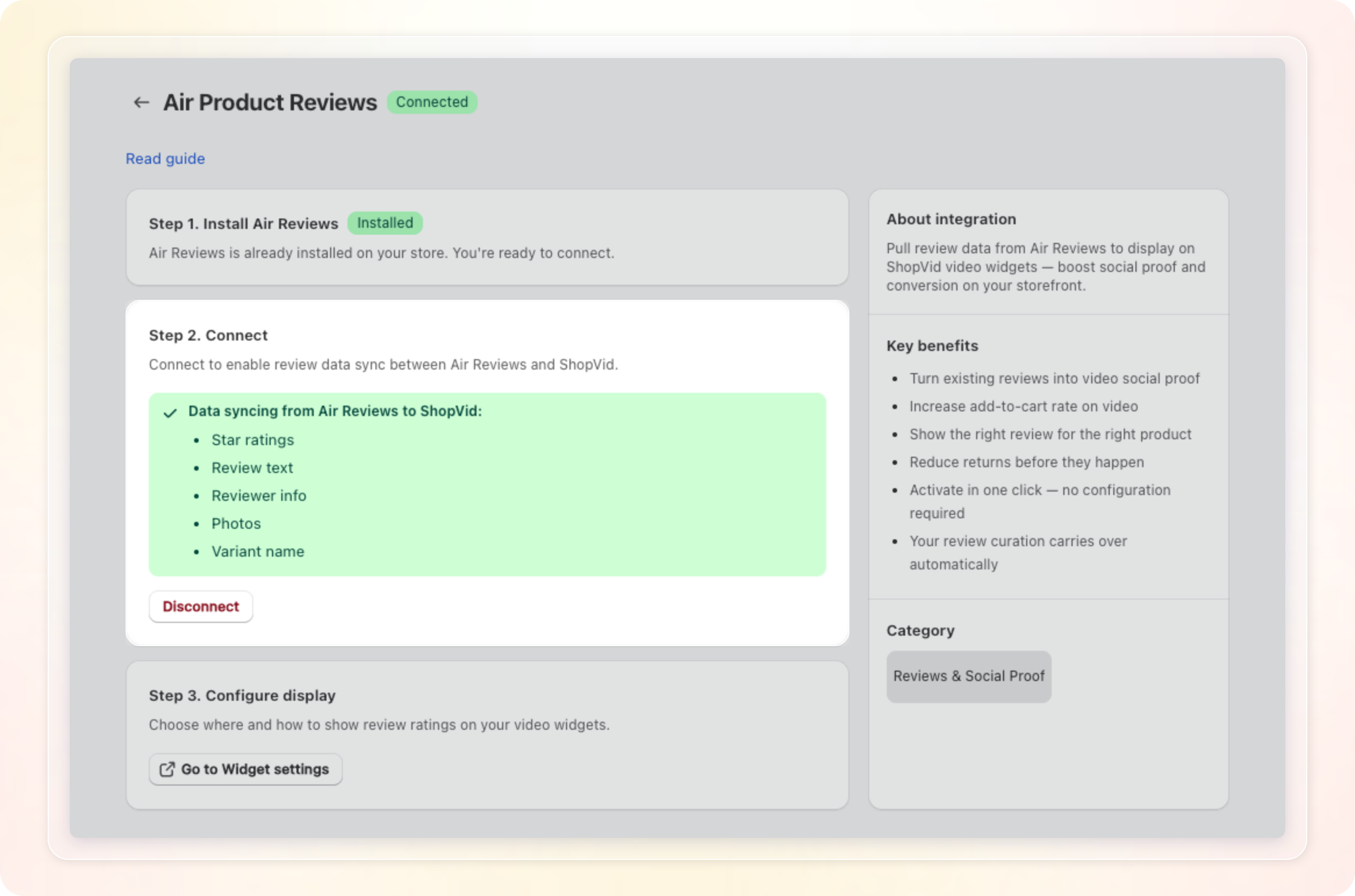 Air Product Reviews page with the Connected badge and the synced data list in Step 2