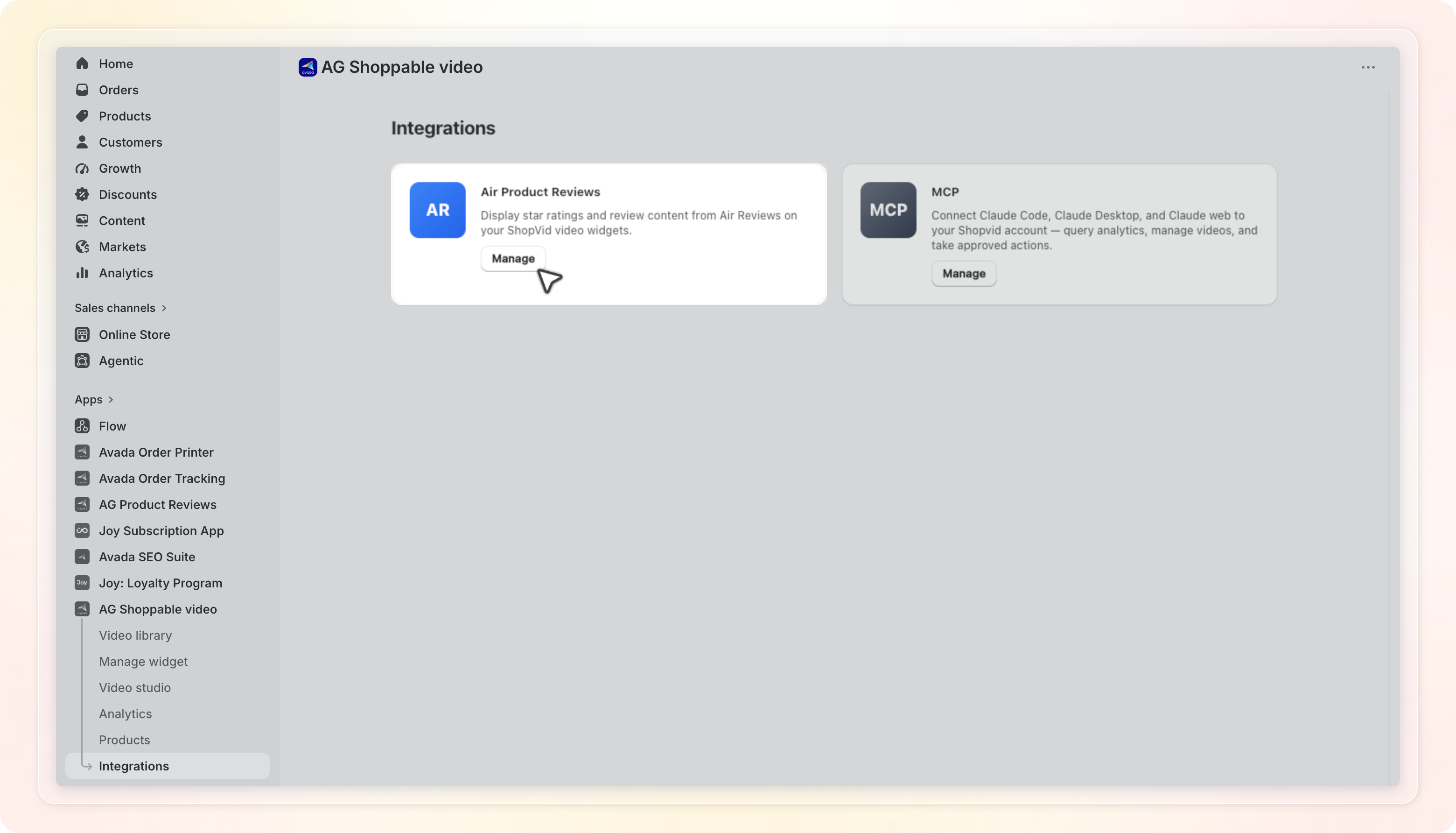 Integrations page in Shopvid showing the Air Product Reviews card