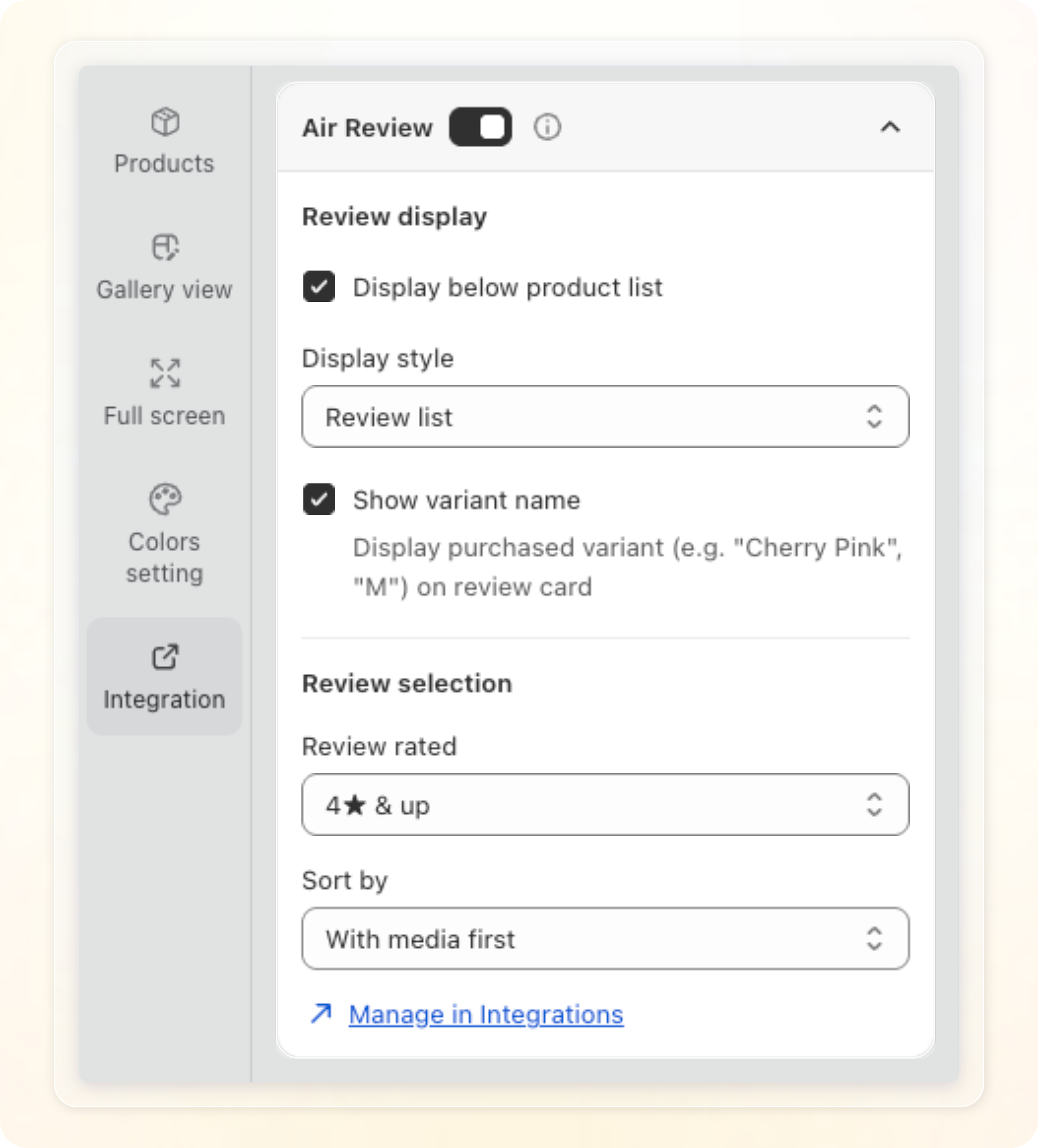 Integration tab in the widget editor with the Air Review toggle on, Display below product list checked, Review list and With media first selected