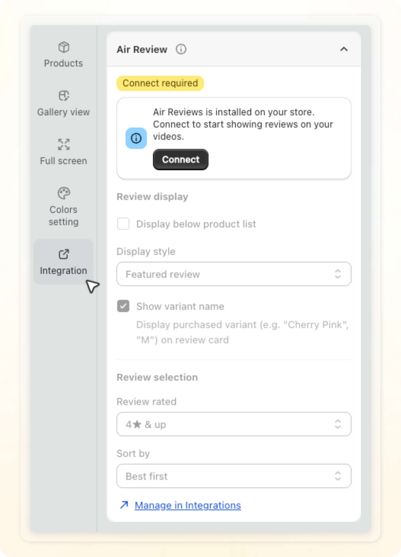 Air Review section before connecting, with the Connect required badge and a Connect button
