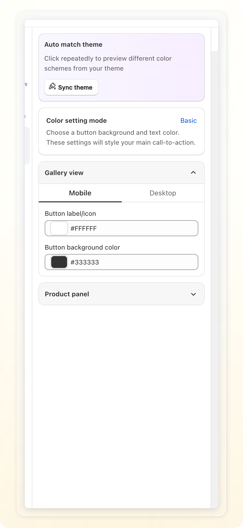 Colors setting tab in Basic mode: Auto match theme, Color setting mode, Gallery view button colors