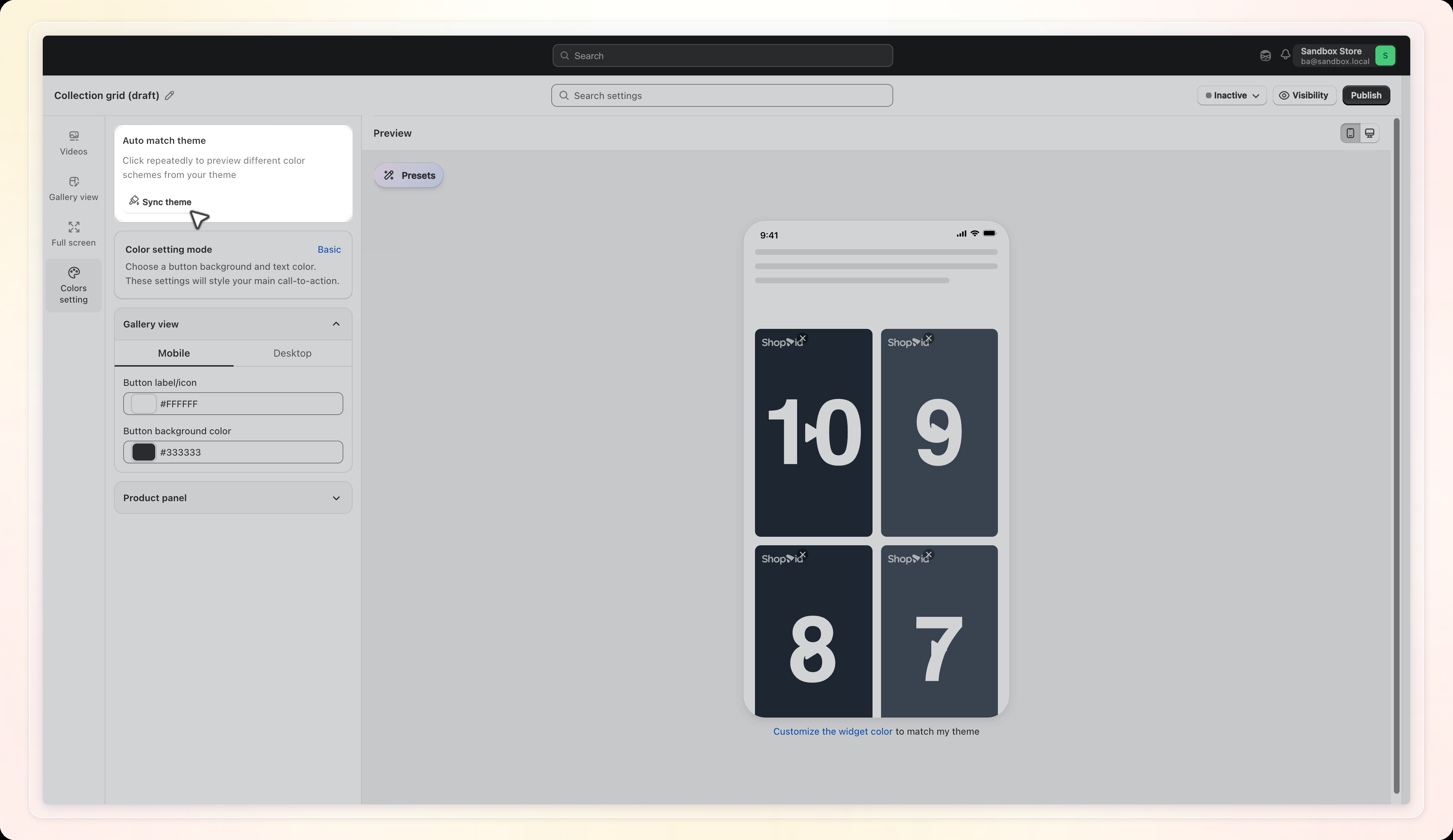 Colors setting tab, Auto match theme panel with the Sync theme button