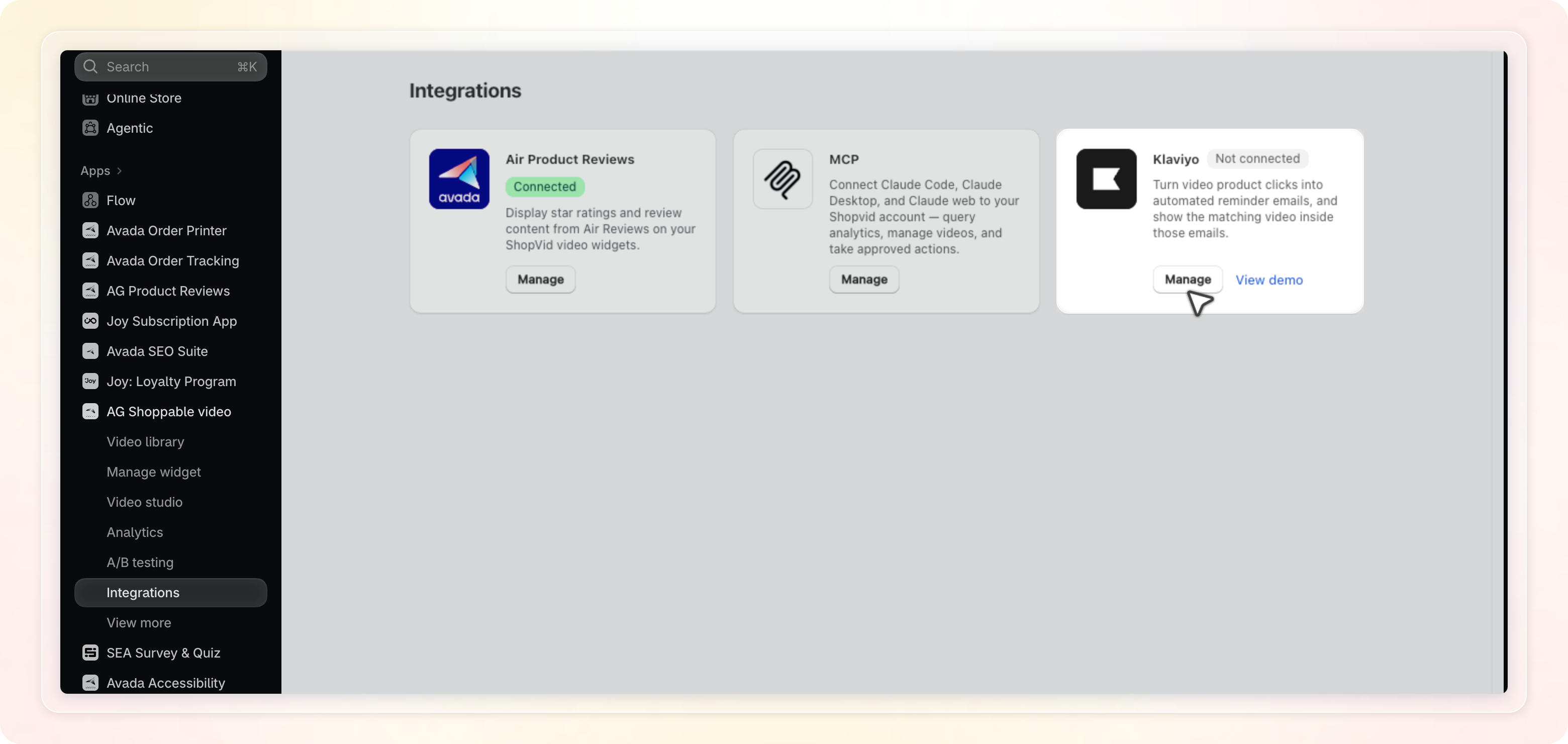 Integrations page in Shopvid showing the Klaviyo card with its Manage and View demo buttons