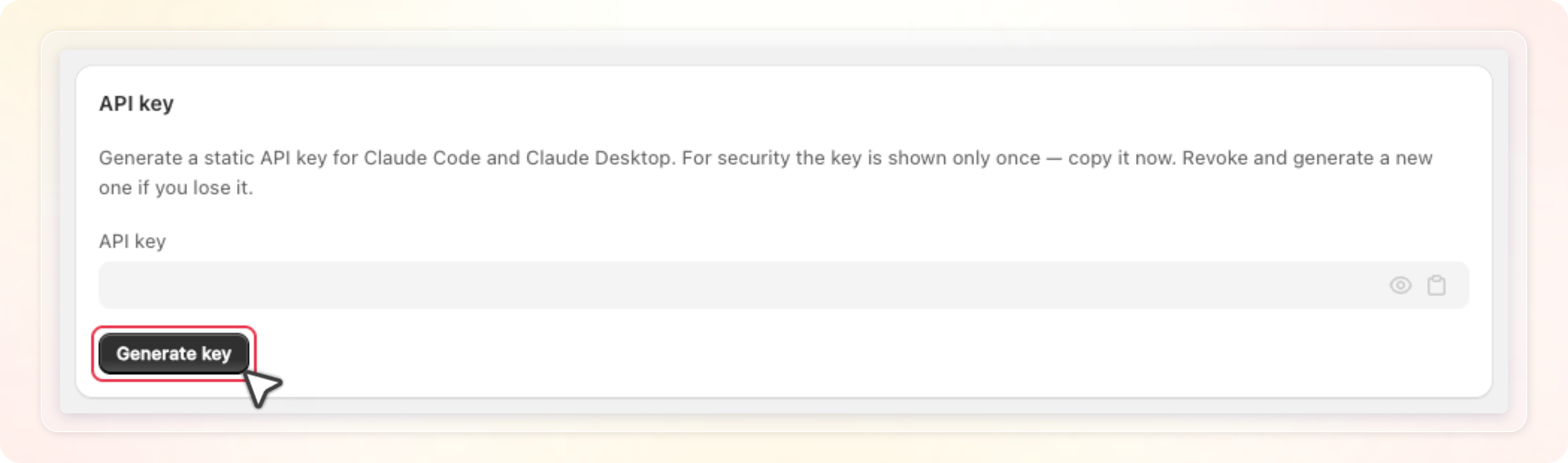 API key card on the MCP page with the Generate key button