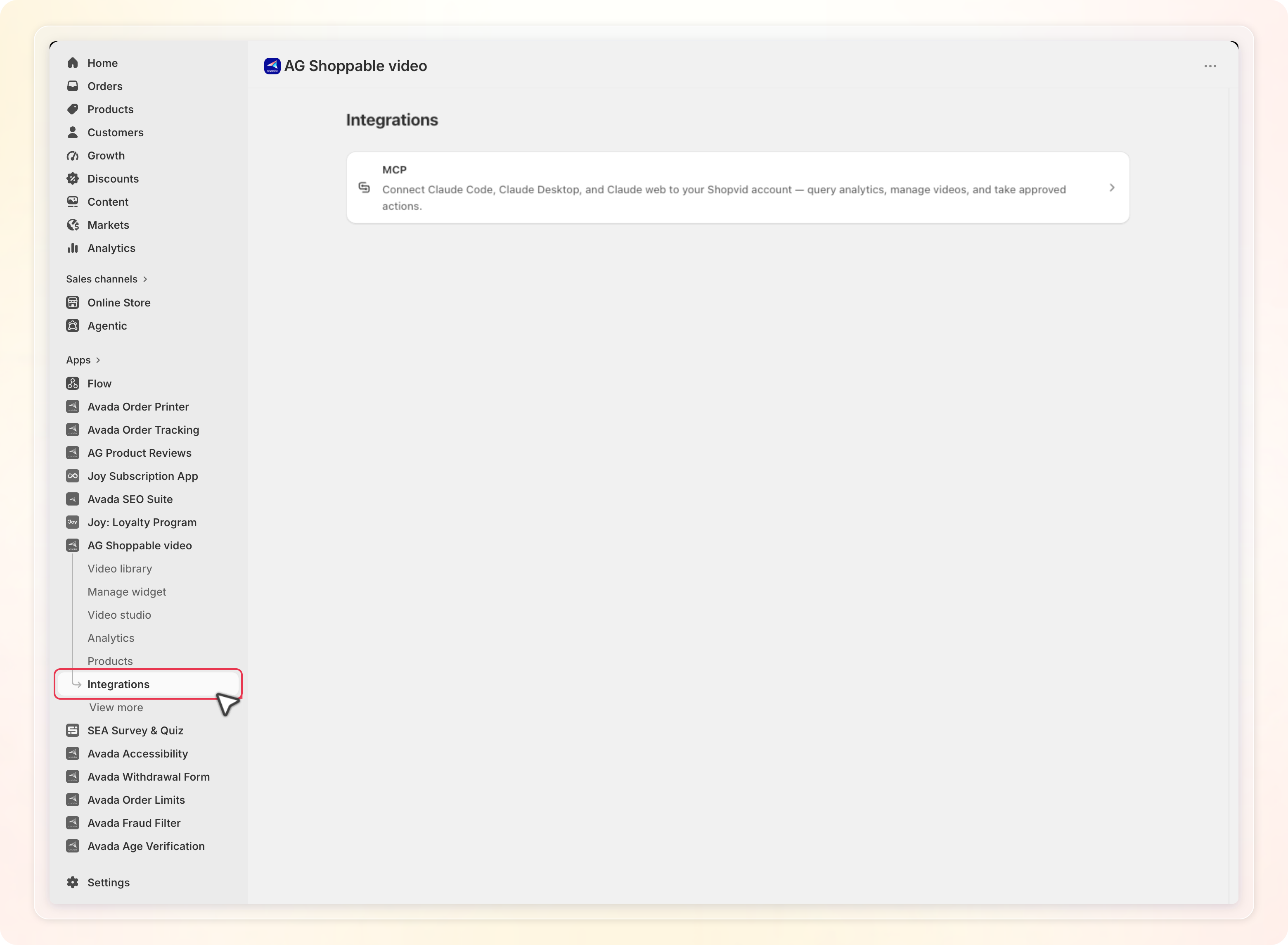 Integrations page in Shopvid showing the MCP card